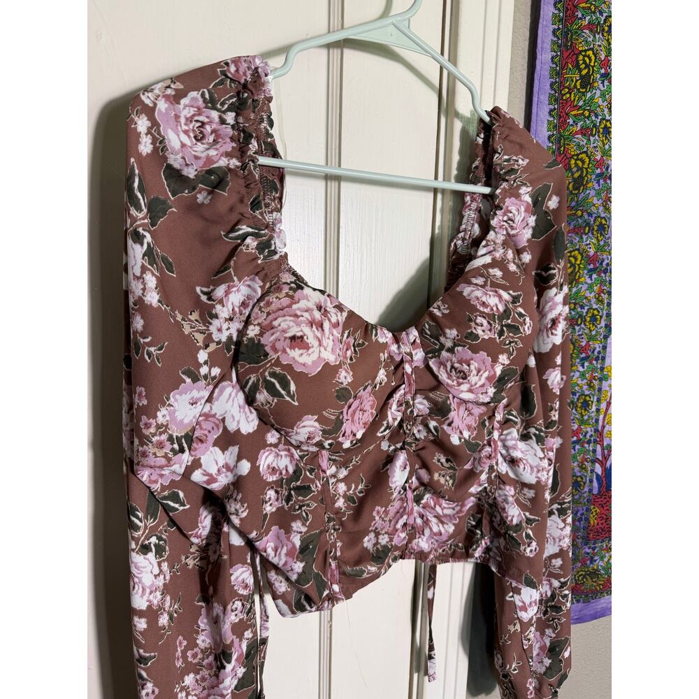 Madden NYC 3X Floral Corset Top Brown Pink Ruched Bustier Long Sleeve Blouse - Picture 2 of 10